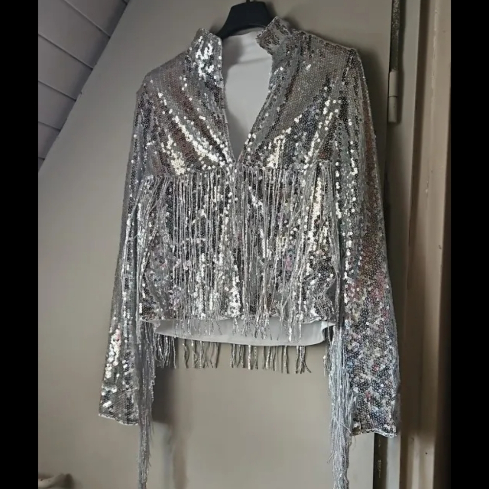 Women Stand Collar Long Sleeve Sequin Fringe Short Zip Jacket Fall Party - Picture 7 of 9